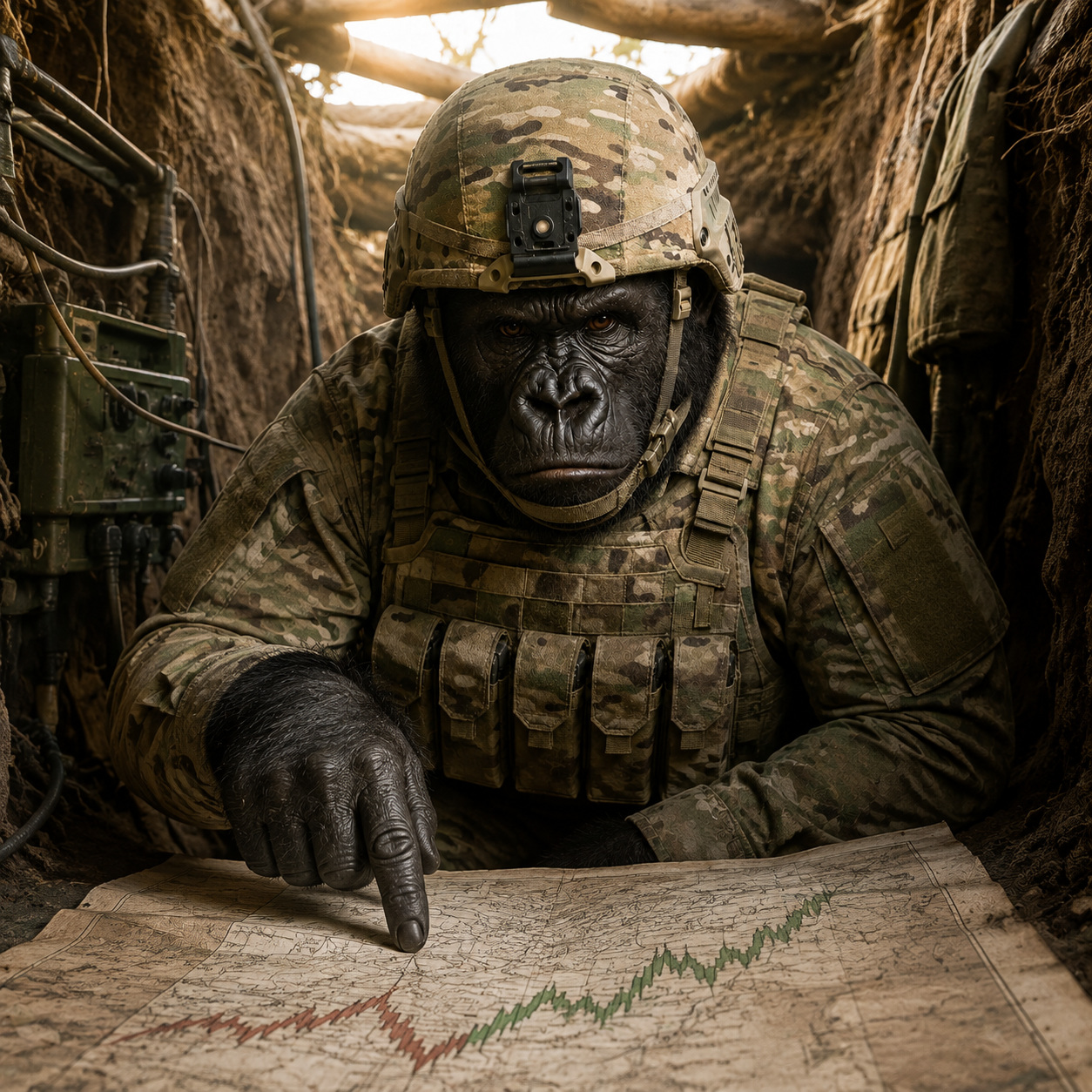 Trench Ape reading a field map with a candlestick chart